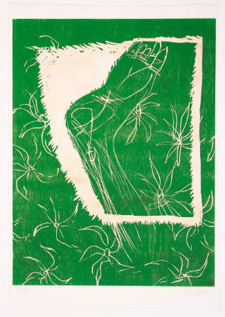 Georg Baselitz, Holztellerglück, 1996, Woodcut on hand colored ground. Courtesy: Galerie Sabine Knust, Munich