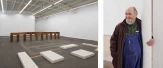 Left: ‘Carl Andre: Sculpture as Place, 1958-2010’, 2016, Exhibition view, Hamburger Bahnhof – Museum für Gegenwart. © Carl Andre / VG Bild-Kunst, Bonn 2016, Courtesy: Hamburger Bahnhof – Museum für Gegenwart, Berlin. Right: Carl Andre in Beacon, New Yor