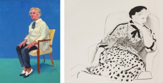 Left: David Hockney, Celia Birtwell, 2015. Royal Academy of Arts, London. © David Hockney. Right: David Hockney, Celia in Armchair, 1980, Lithograph. Courtesy: Gregg Shienbaum, Miami