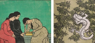 Left: Emil Orlik, Three Girls Playing a Boardgame, 1906/08, Woodcut. Collection Eugen Otto, Vienna. Courtesy: Norbert Miguletz. Right: Marie Uchatius, Gekko, 1906, Woodcut. Private Collection. Courtesy: Natter Fine Arts, Vienna 