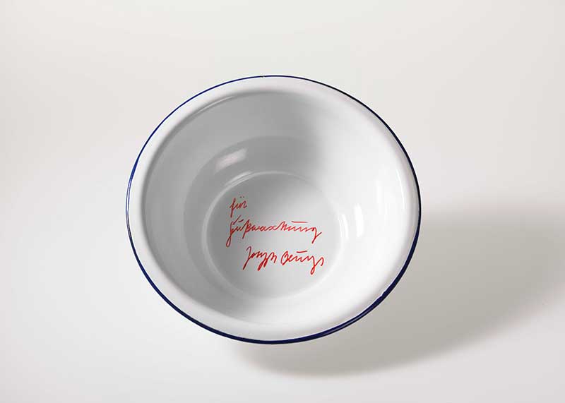 Joseph Beuys , <em>For Footwashing [für Fußwaschung]</em>, 1977, enamel basin, inscribed,  Edition of 15 (unnumbered),  Approx. 10 x 36 cm ⌀, Publisher: Edition Staeck, Heidelberg , 2013 acquired by PIN. Freunde der Pinakothek der Moderne e.V.  for the Ba