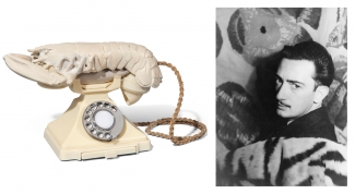 Left: Salvador Dalí and Edward James, Lobster Telephone, (white aphrodisiac), 1938. Courtesy: Christie’s London. Right: Salvador Dalí, 1939. Source: Wikimedia Commons