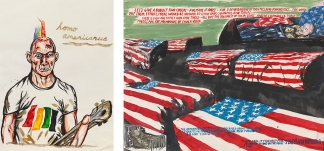 Left: Raymond Pettibon, No title (Homo Americanus), 2015. Courtesy: The artist and David Zwirner, Berlin. Right: Raymond Pettibon, No Title (Let's give a . . .), 2006. Courtesy: Hauser & Wirth 