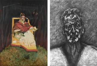 Left: Francis Bacon, Study for a Portrait of Pope Innocent X, 1989, lithograph. © The Estate of Francis Bacon. All rights reserved / DACS 2016. Right: Lucian Freud, Self Portrait: Reflection, 1996, etching.  © The Lucian Freud Archive 