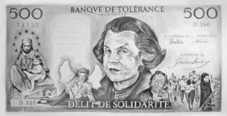 Drawing representing Liliane Bettencourt on a giant bank note. Via: Wikimedia Commons