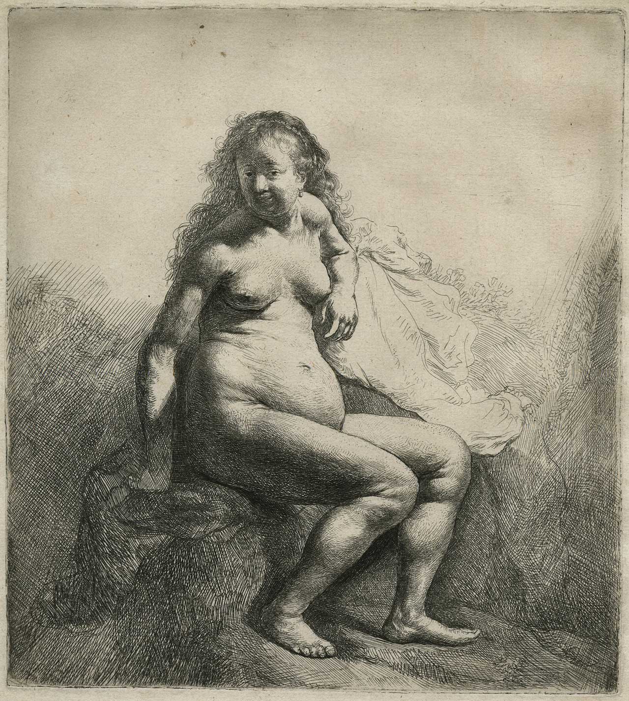 Rembrandt Harmenszoon van Rijn, Naked Woman Seated on a Mound (II/II), 1631, Etching and engraving on paper. © Norfolk Museums Service