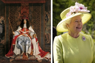 Left: John Michael Wright, Charles II, c.1676. Royal Collection Trust. © Her Majesty Queen Elizabeth II 2017. Right: Queen Elizabeth II. Via: Wikimedia Commons