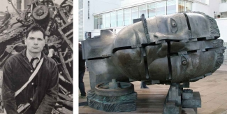 Left: Eduardo Paolozzi. Image: © Ulrich Mack. Right: Eduardo Paolozzi, The Head of Invention, James Watt, London