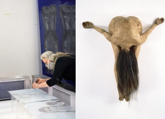 Left: Kiki Smith, working at Mayer‘sche Hofkunstanstalt. Image: Bärbel Miebach, 2015. Right: Kiki Smith, Untitled, 1995. Image: Ellen Labenski. © Kiki Smith