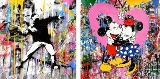 Left: Mr. Brainwash, Banksy Thrower, 2018. Right: Mr. Brainwash, Mickey & Minnie (Pink), 2017. Both Courtesy of Galerie Frank Fluegel and fineartmultiple, both available to buy on fineartmultiple