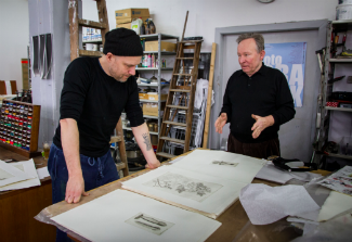 Niels Borch Jensen and the artist Tal R in Niels Borch Jensen's print shop in Copenhagen. © Birgitte Rubaek
