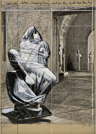 Christo, Wrapped Statues, Sleeping Fawn, 2000, Offset lithograph, silkscreen, polyethylene, twine & crayon on chipboard. Courtesy: Polígrafa, Barcelona 