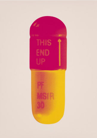 Damien Hirst, The Cure - Powder Pink/Lollypop Red/Golden Yellow, 2014, Silkscreen and gold foil block on Somerset Tub. Courtesy: Paul Stolper, London