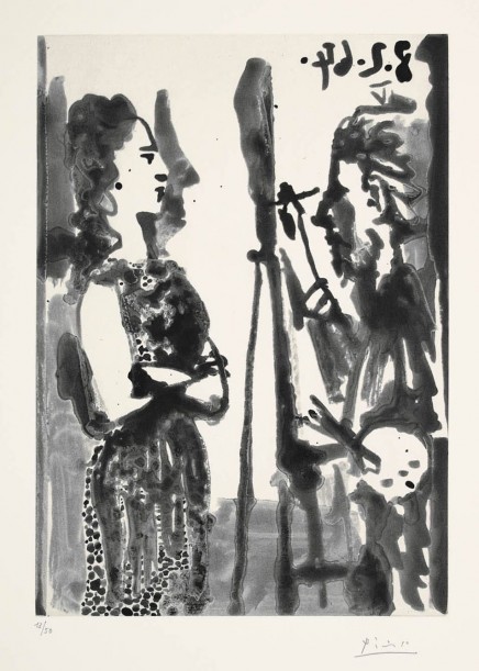Peintre et modèle en robe imprimée by Pablo Picasso