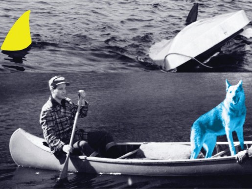 John Baldessari, Man, Dog (Blue), Canoe/Shark Fins (One Yellow), Capsized Boat, 2002