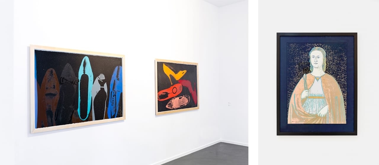 Left: Andy Warhol, Shoes (FS II.257), 1980 and Shoes (FS II.253), 1980. Right: Andy Warhol, Saint Apollonia (FS II.331), 1984.