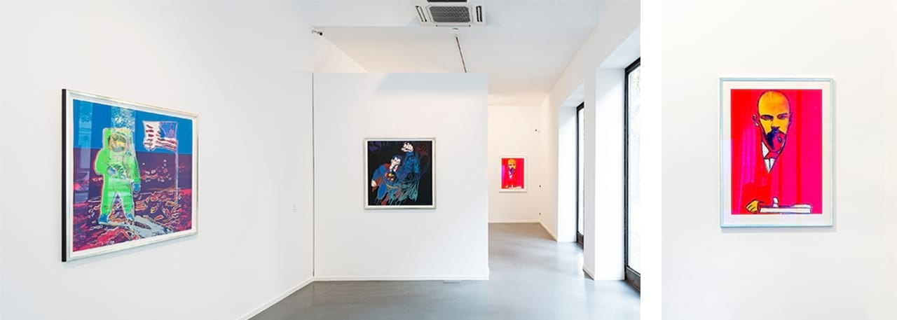 Left: Installation view of Andy Warhol: 90 Years at the Kunsthalle Koidl, 2018. Right: Andy Warhol, Red Lenin, 1987.