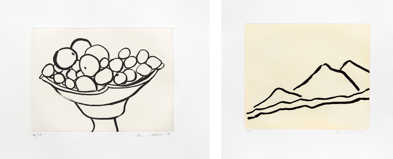 Left: Etel Adnan, Compotier III, 2014, Etching. Right: Etel Adnan, Quelque part&hellip;, 2016, Etching