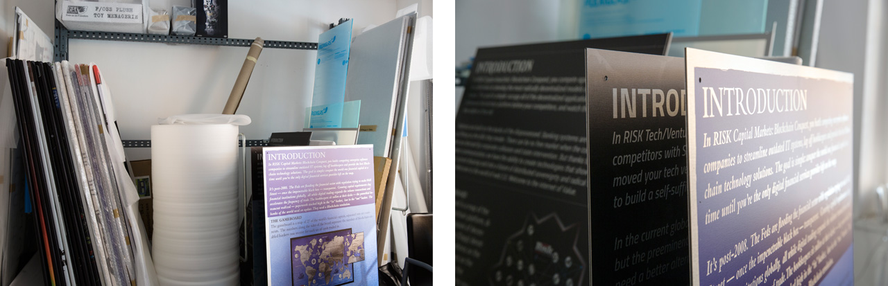 Left: Studio storage. Right: Instructions for Simon Denny’s take on the RISK boardgame. Images: © Petrov Ahner Studio storage and instructions for Denny's take on the RISK boardgame