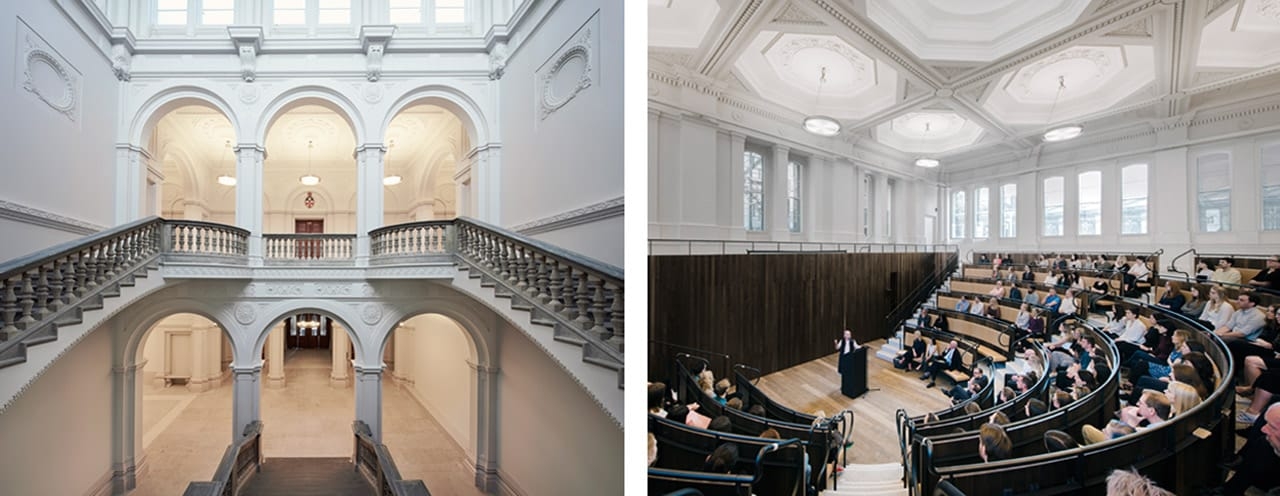 Left: The Wohl Entrance Hall at the Royal Academy of Arts, London. Image: Rory Mulvey. &copy; Rory Mulvey. Right: The Benjamin West Lecture Theatre at the Royal Academy of Arts, London. Image: Simon Menges. &copy; Simon Menges 