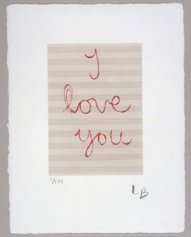 Louise Bourgeois, I Love You, 2007, drypoint in red ink on music paper